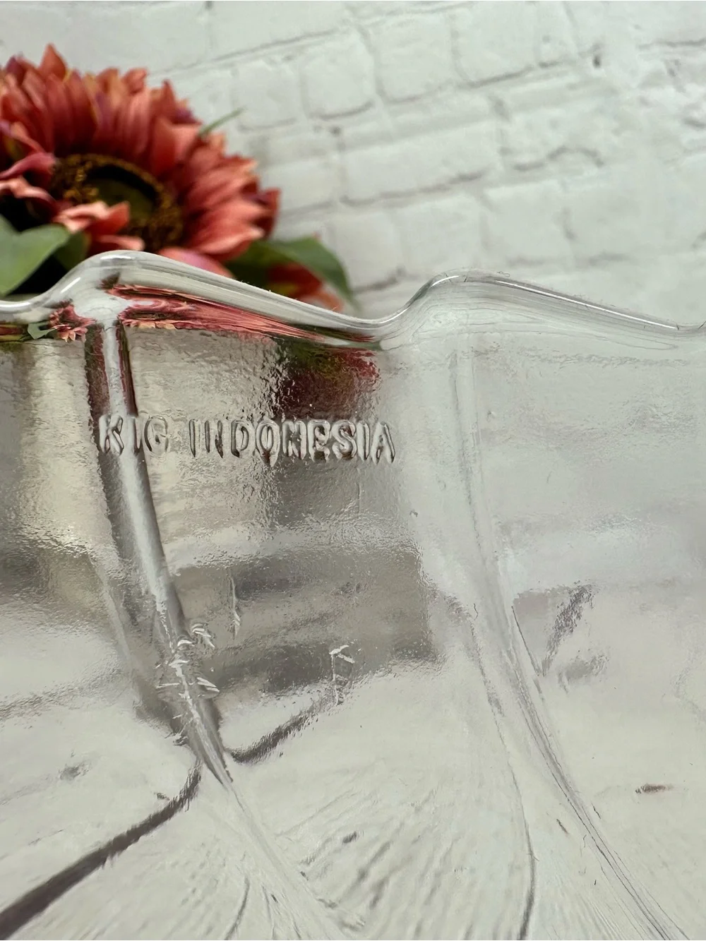 vtg KIG Indonesia Glass Serving Bowl embossed Christmas tree swirl cross hatch